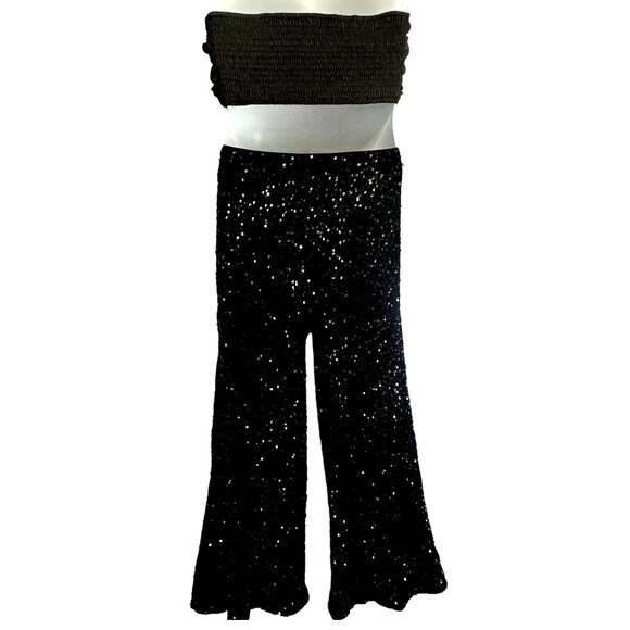Faeriesty Fancy Black Sequin 2 Piece Set Tube Top 3D Flower Wide Leg Pants XL - Picture 4 of 16